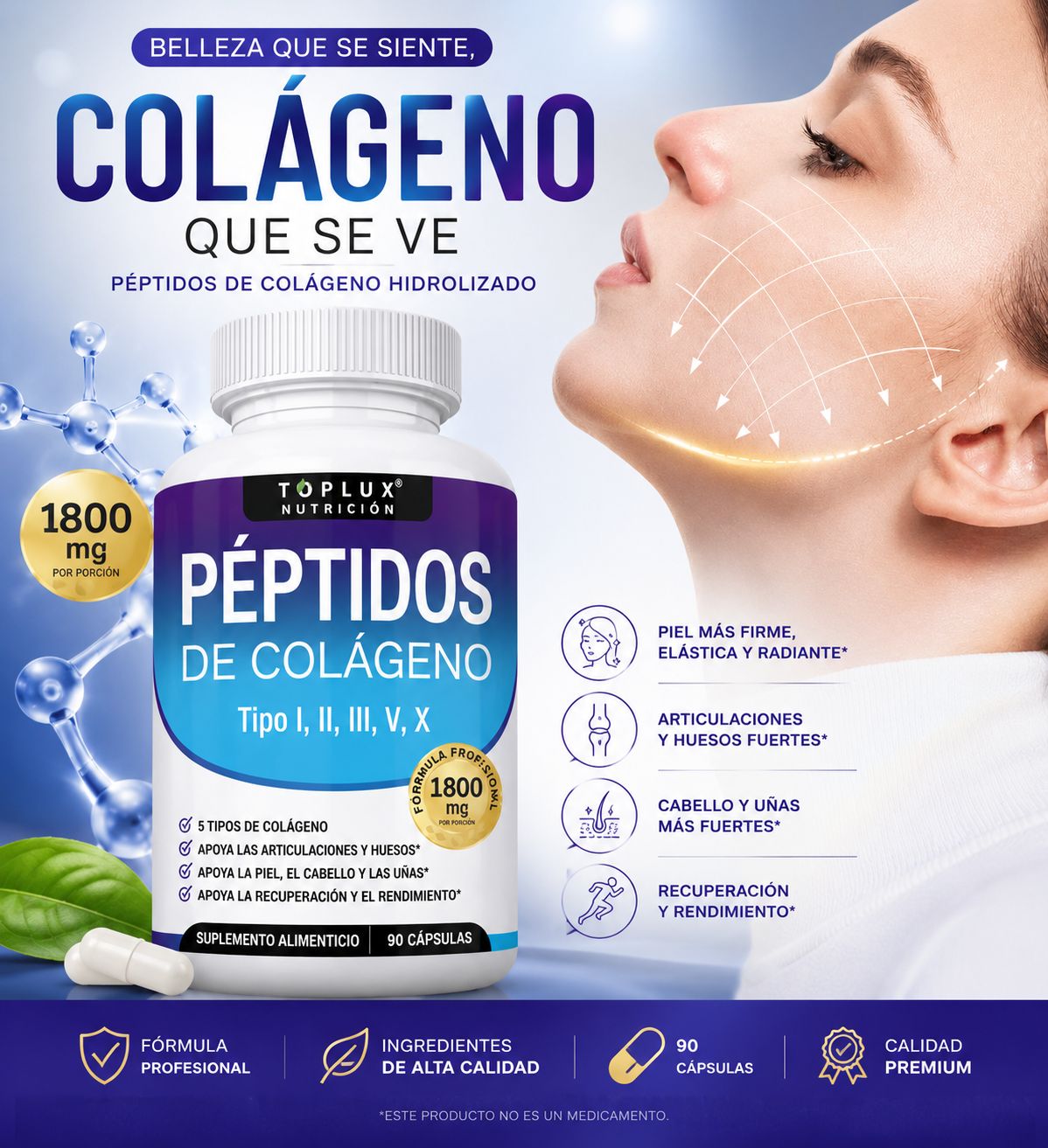 COLÁGENO PREMIUM 5 EN 1 | ARTICULACIONES, HUESOS, PIEL Y CABELLO | 90 CÁPSULAS